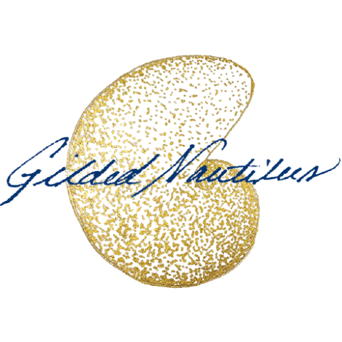 A gold glitter-textured shell-shaped graphic with the words 'Gilded Naturals' written across it in blue cursive script, set against a plain white background.
